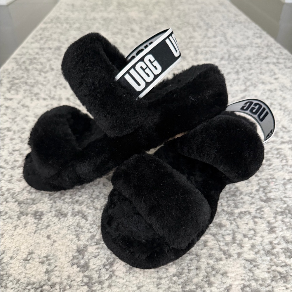UGG Black Fluffy Cozy Slippers
